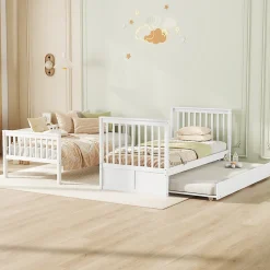 Lit Superposé 90 x 200 cm - Lit Gigogne avec Escalier - Pin + MDF - Sans Matelas - Blanc