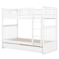 Lit Superposé 90 x 200 cm - Lit Gigogne avec Escalier - Pin + MDF - Sans Matelas - Blanc