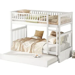 Lit Superposé 90 x 200 cm - Lit Gigogne avec Escalier - Pin + MDF - Sans Matelas - Blanc