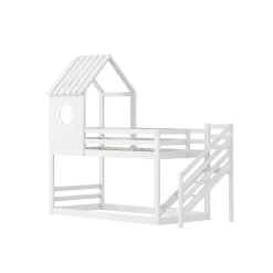 Lit superposé, 90 x 200 cm, pour 2 enfants, avec escalier d'angle, lit mezzanine, avec fenêtre