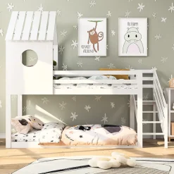 Lit superposé, 90 x 200 cm, pour 2 enfants, avec escalier d'angle, lit mezzanine, avec fenêtre