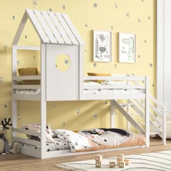 Lit superposé, 90 x 200 cm, pour 2 enfants, avec escalier d'angle, lit mezzanine, avec fenêtre