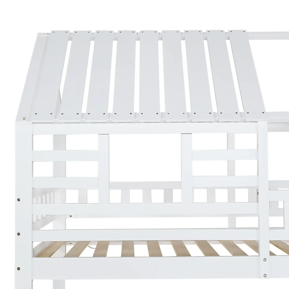 Lit superposé avec échelle, toboggan, fenêtres, sécurité, cadre bois, blanc, 90x200cm