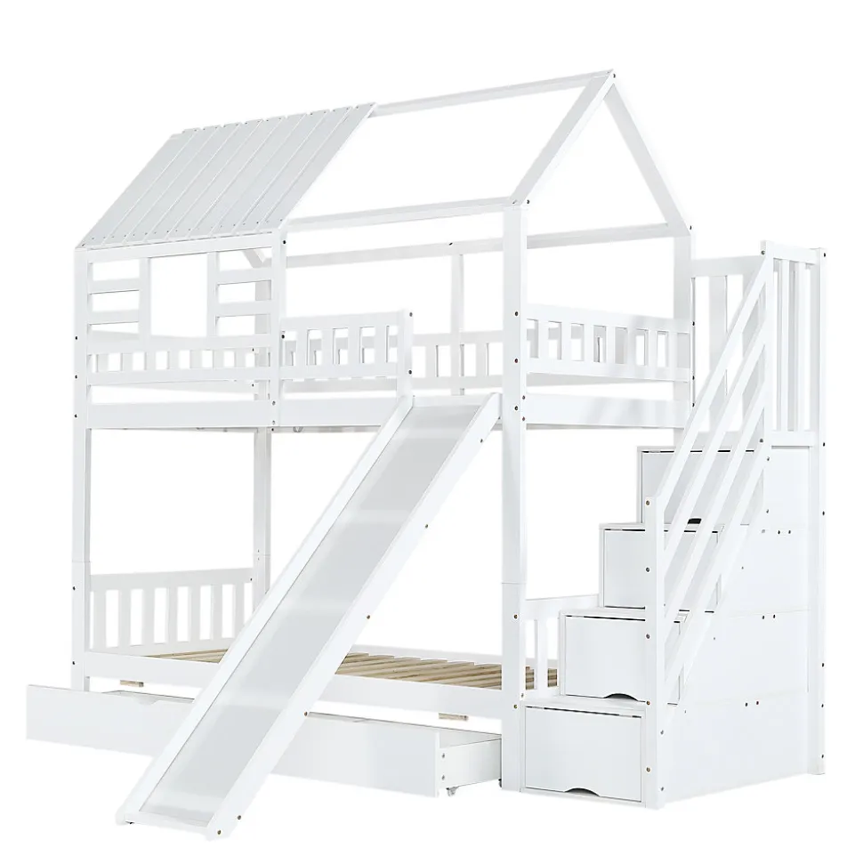 Lit superposé avec échelle, toboggan, fenêtres, sécurité, cadre bois, blanc, 90x200cm