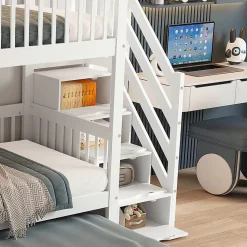 Lit superposé avec lit roulant, sécurité, échelle, cadre bois, 90x200,190cm, blanc
