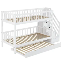 Lit superposé avec lit roulant, sécurité, échelle, cadre bois, 90x200,190cm, blanc