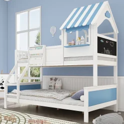 Lit superposé, avec rangement, escalier incliné 3 marches, fenêtre forme unique, tableau graffiti, blanc bleu, 90x200, 120x200cm