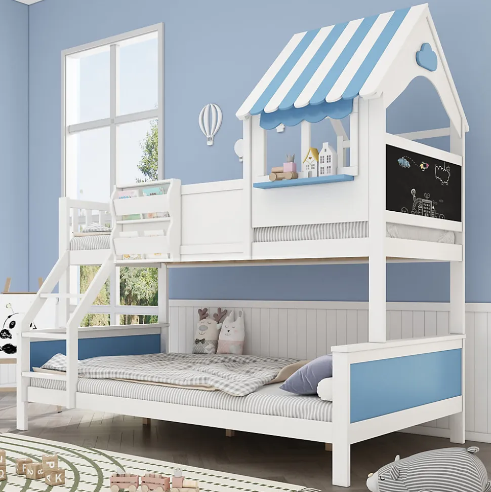 Lit superposé, avec rangement, escalier incliné 3 marches, fenêtre forme unique, tableau graffiti, blanc bleu, 90x200, 120x200cm