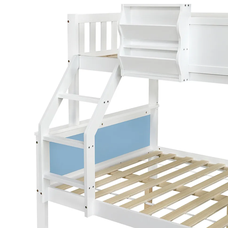 Lit superposé, avec rangement, escalier incliné 3 marches, fenêtre forme unique, tableau graffiti, blanc bleu, 90x200, 120x200cm