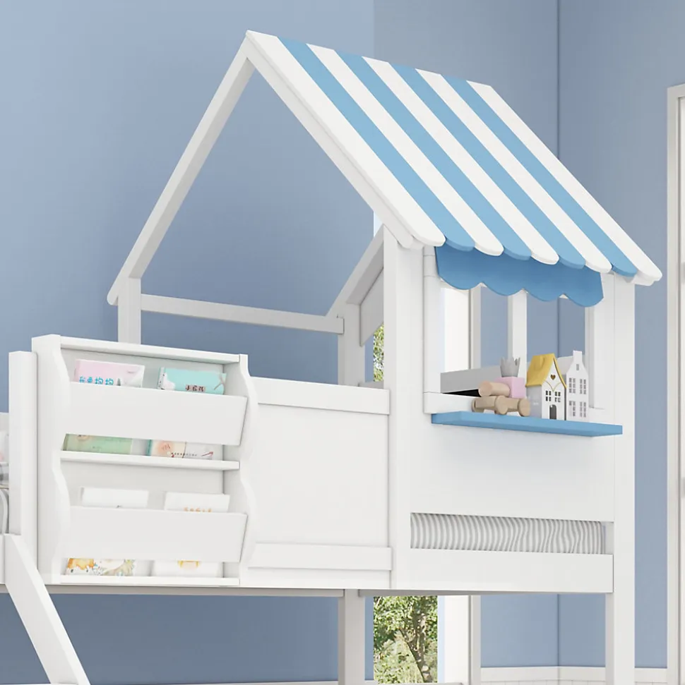 Lit superposé, avec rangement, escalier incliné 3 marches, fenêtre forme unique, tableau graffiti, blanc bleu, 90x200, 120x200cm