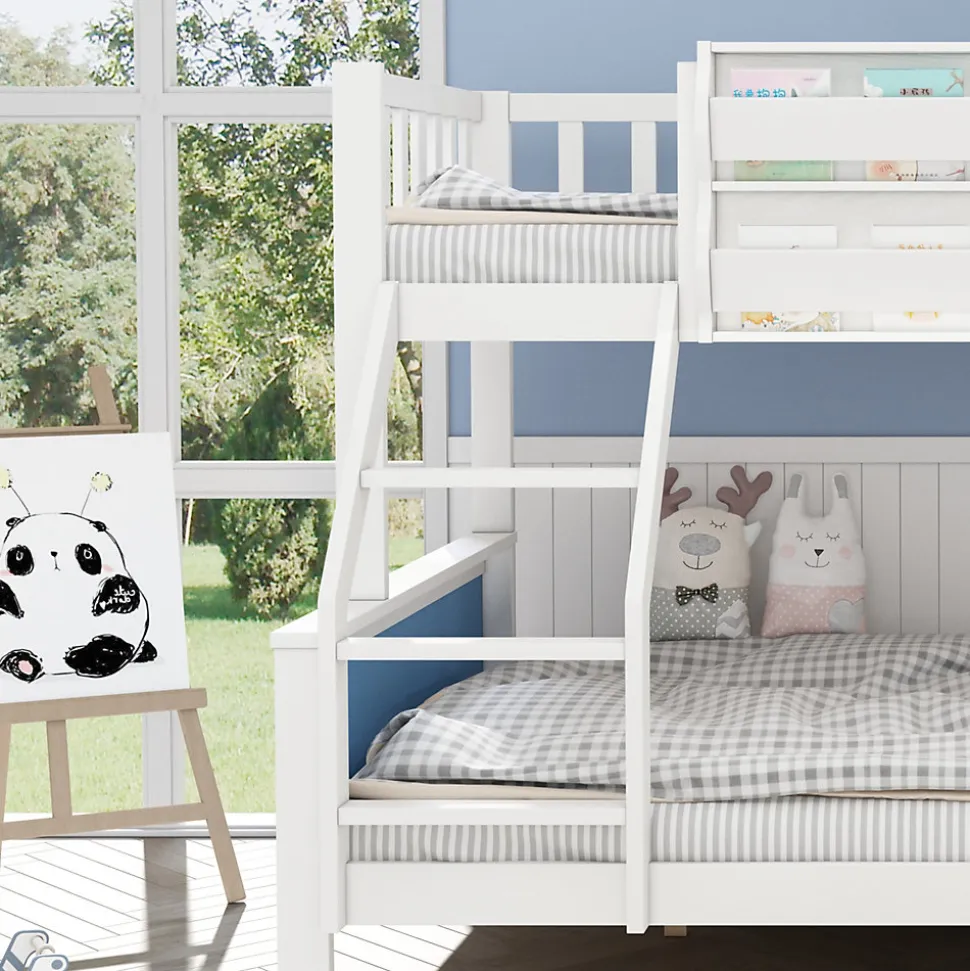 Lit superposé, avec rangement, escalier incliné 3 marches, fenêtre forme unique, tableau graffiti, blanc bleu, 90x200, 120x200cm