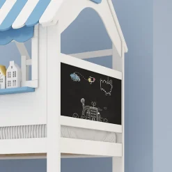 Lit superposé, avec rangement, escalier incliné 3 marches, fenêtre forme unique, tableau graffiti, blanc bleu, 90x200, 120x200cm
