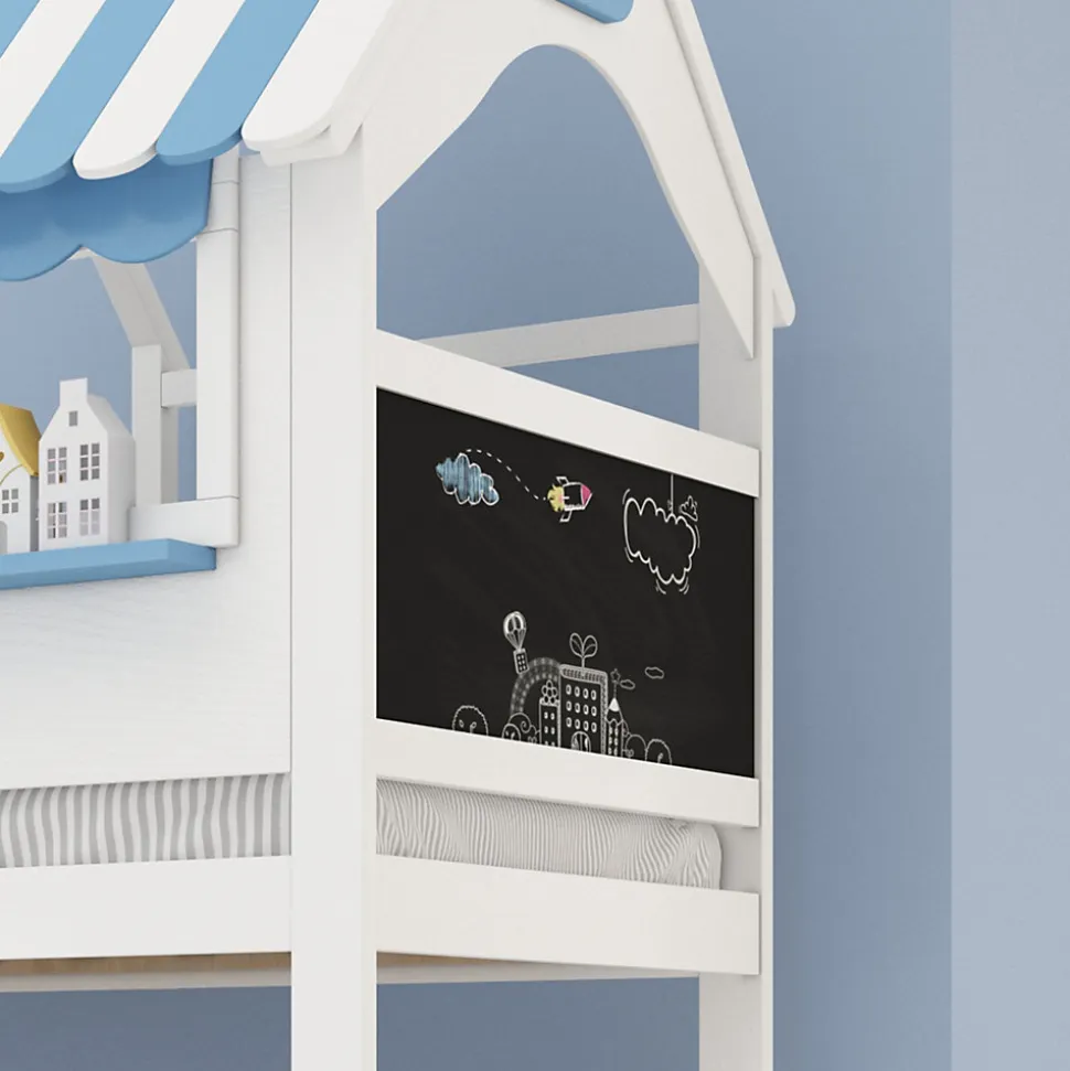 Lit superposé, avec rangement, escalier incliné 3 marches, fenêtre forme unique, tableau graffiti, blanc bleu, 90x200, 120x200cm