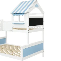 Lit superposé, avec rangement, escalier incliné 3 marches, fenêtre forme unique, tableau graffiti, blanc bleu, 90x200, 120x200cm