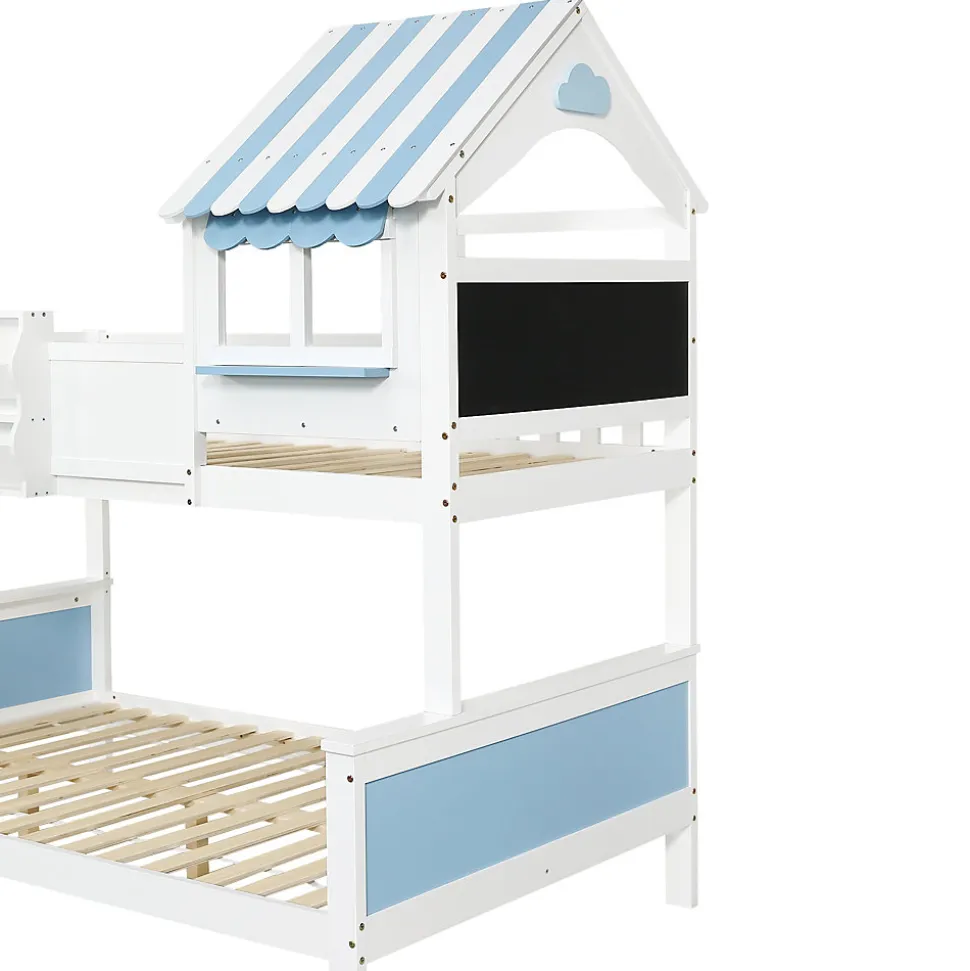 Lit superposé, avec rangement, escalier incliné 3 marches, fenêtre forme unique, tableau graffiti, blanc bleu, 90x200, 120x200cm