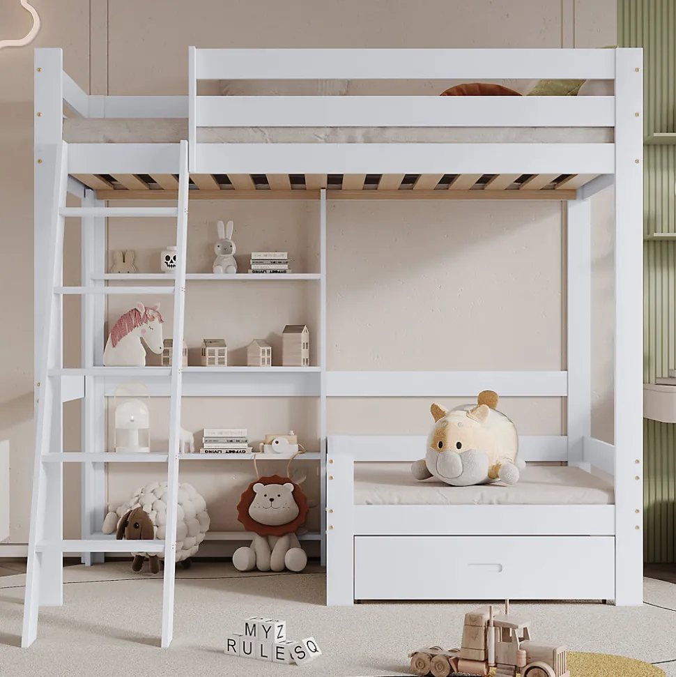 Lit superposé avec étagères et canapé, 1 tiroir, échelle inclinée 5 marches, cadre massif bois blanc, 90x200 cm