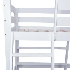 Lit superposé avec étagères et canapé, 1 tiroir, échelle inclinée 5 marches, cadre massif bois blanc, 90x200 cm