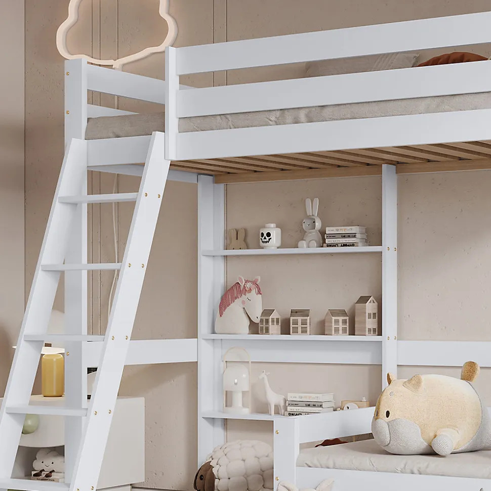 Lit superposé avec étagères et canapé, 1 tiroir, échelle inclinée 5 marches, cadre massif bois blanc, 90x200 cm