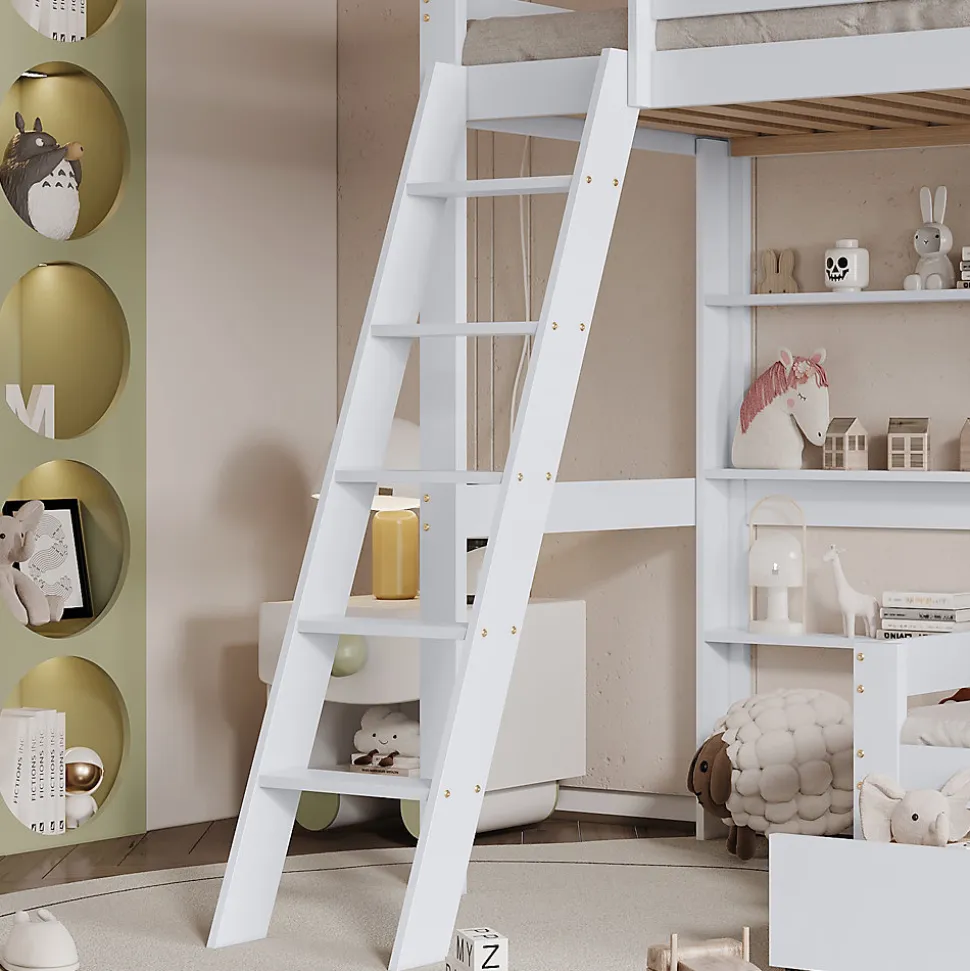 Lit superposé avec étagères et canapé, 1 tiroir, échelle inclinée 5 marches, cadre massif bois blanc, 90x200 cm