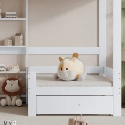 Lit superposé avec étagères et canapé, 1 tiroir, échelle inclinée 5 marches, cadre massif bois blanc, 90x200 cm