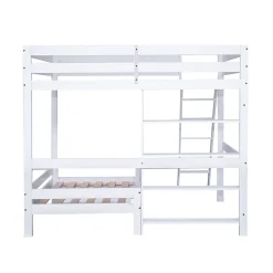Lit superposé avec étagères et canapé, 1 tiroir, échelle inclinée 5 marches, cadre massif bois blanc, 90x200 cm