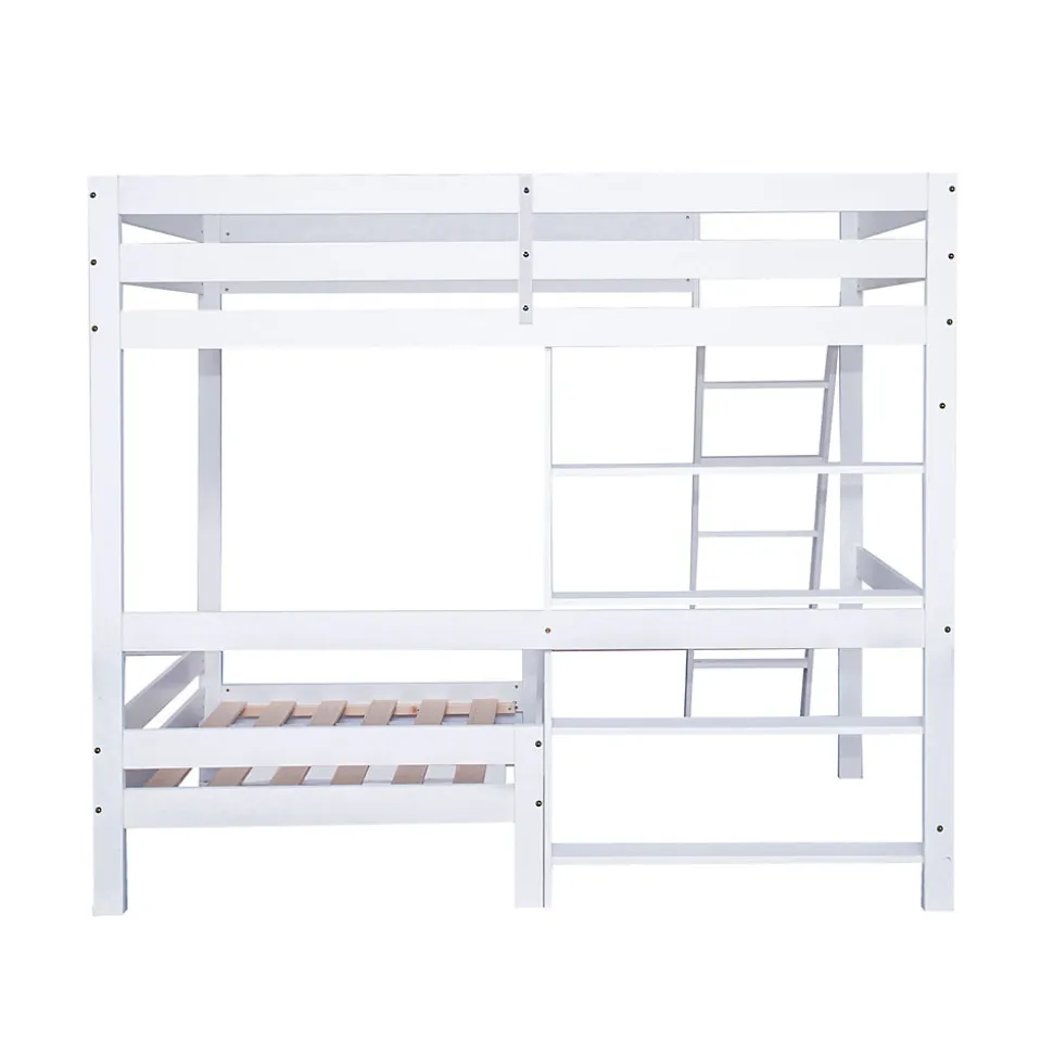 Lit superposé avec étagères et canapé, 1 tiroir, échelle inclinée 5 marches, cadre massif bois blanc, 90x200 cm