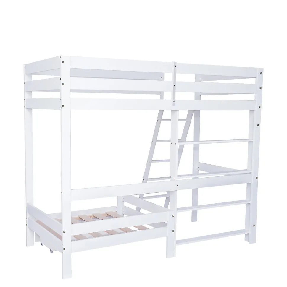 Lit superposé avec étagères et canapé, 1 tiroir, échelle inclinée 5 marches, cadre massif bois blanc, 90x200 cm