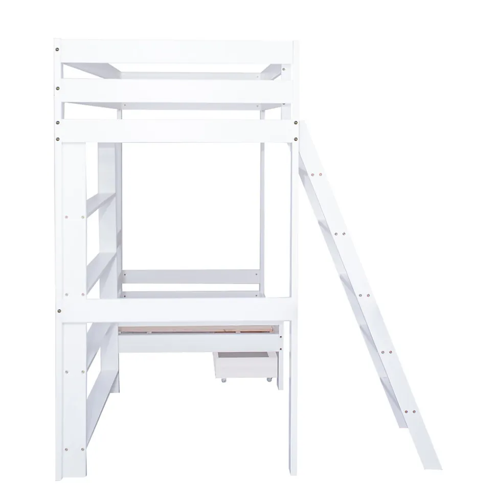 Lit superposé avec étagères et canapé, 1 tiroir, échelle inclinée 5 marches, cadre massif bois blanc, 90x200 cm