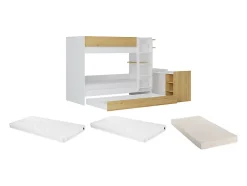 Lit superposé avec tiroir lit gigogne et 2 bureaux 3 x 90 x 190 cm - Coloris : Blanc et naturel + Matelas - DOMATI