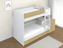 Lit superposé avec tiroir lit gigogne et 2 bureaux 3 x 90 x 190 cm - Coloris : Blanc et naturel + Matelas - DOMATI