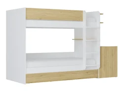 Lit superposé avec tiroir lit gigogne et 2 bureaux 3 x 90 x 190 cm - Coloris : Blanc et naturel + Matelas - DOMATI