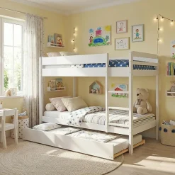 Lit superposé avec tiroir lit - 3 x 90 x 190 cm - Bois Pin massif - Blanc - Sommiers inclus - WALLY