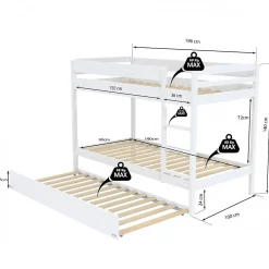 Lit superposé avec tiroir lit - 3 x 90 x 190 cm - Bois Pin massif - Blanc - Sommiers inclus - WALLY