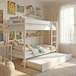 Lit superposé avec tiroir lit - 3 x 90 x 190 cm - Bois Pin massif - Blanc - Sommiers inclus - WALLY