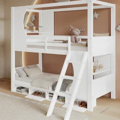 Lit superposé barrières sécurité bureau intégré meuble chaussures 4 compartiments échelle 3 niveaux pin MDF blanc 90x200