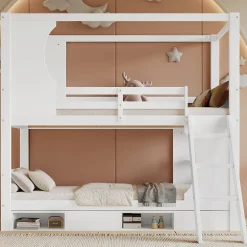 Lit superposé barrières sécurité bureau intégré meuble chaussures 4 compartiments échelle 3 niveaux pin MDF blanc 90x200