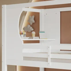 Lit superposé barrières sécurité bureau intégré meuble chaussures 4 compartiments échelle 3 niveaux pin MDF blanc 90x200