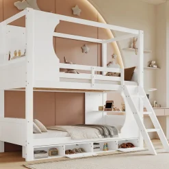 Lit superposé barrières sécurité bureau intégré meuble chaussures 4 compartiments échelle 3 niveaux pin MDF blanc 90x200