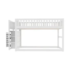 Lit superposé bas Lit enfant 140 x 200 cm en bois avec compartiments de rangement ouverts et clôture, blanc