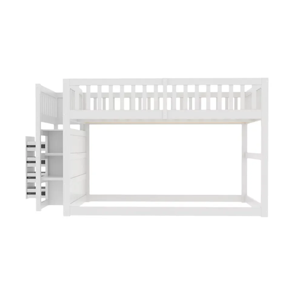 Lit superposé bas Lit enfant 140 x 200 cm en bois avec compartiments de rangement ouverts et clôture, blanc