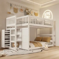 Lit superposé bas Lit enfant 140 x 200 cm en bois avec compartiments de rangement ouverts et clôture, blanc