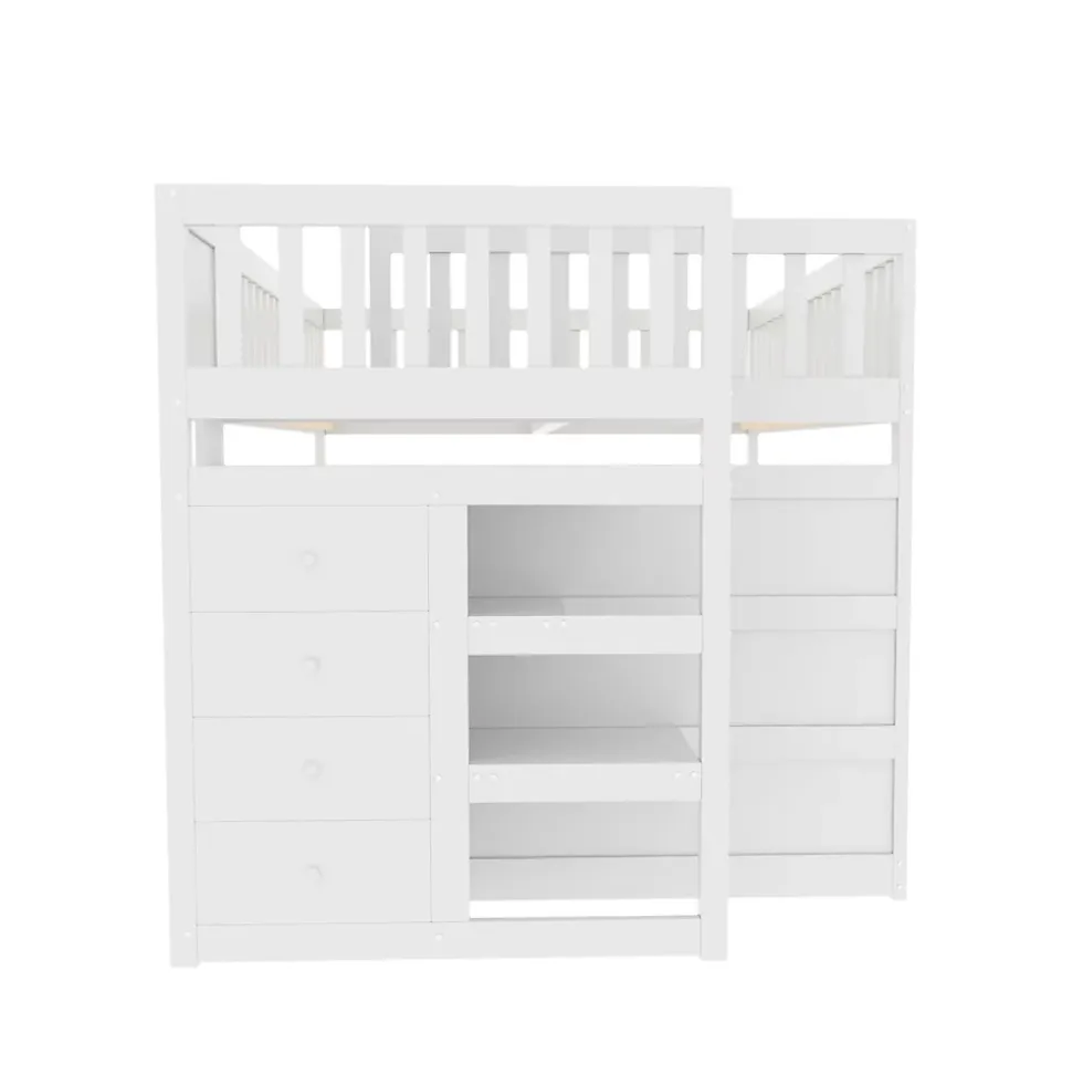 Lit superposé bas Lit enfant 140 x 200 cm en bois avec compartiments de rangement ouverts et clôture, blanc