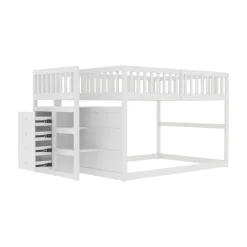 Lit superposé bas Lit enfant 140 x 200 cm en bois avec compartiments de rangement ouverts et clôture, blanc