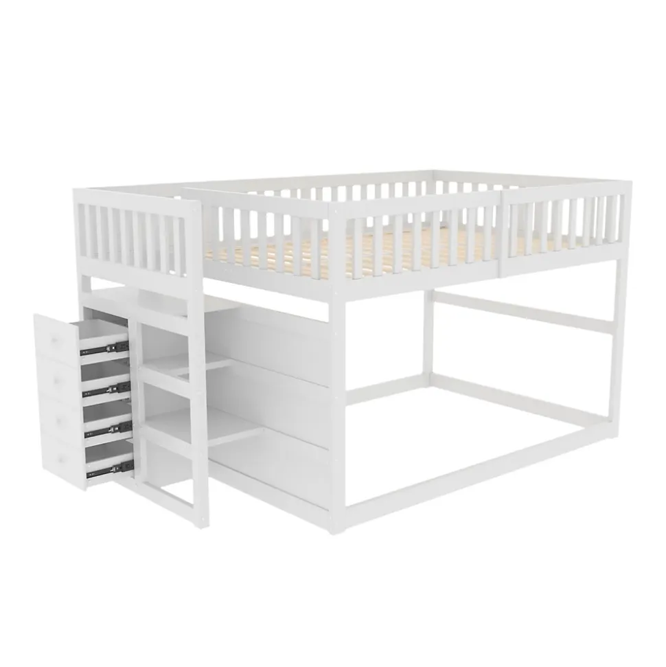Lit superposé bas Lit enfant 140 x 200 cm en bois avec compartiments de rangement ouverts et clôture, blanc
