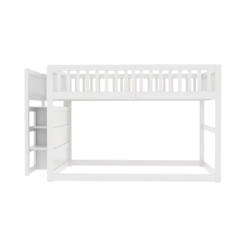 Lit superposé bas Lit enfant 140 x 200 cm en bois avec compartiments de rangement ouverts et clôture, blanc