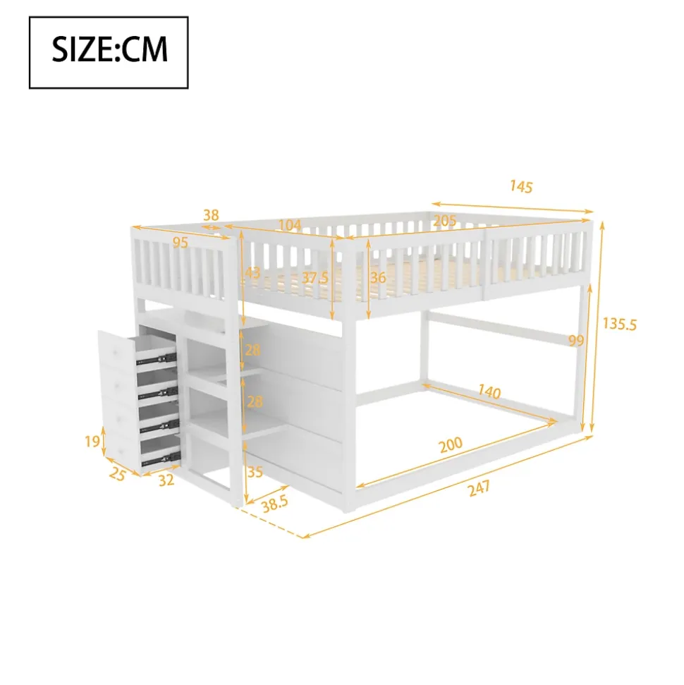 Lit superposé bas Lit enfant 140 x 200 cm en bois avec compartiments de rangement ouverts et clôture, blanc