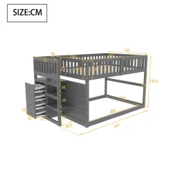 Lit superposé bas Lit enfant 140 x 200 cm en bois avec compartiments de rangement ouverts et clôture, gris
