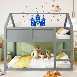 Lit superposé bas 90x200 cm en bois massif avec échelle pour enfant coloris gris