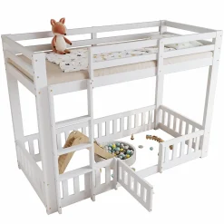 Lit superposé bois pin LVL escalier droit rambarde porte protection anti-chute espace modulable sous lit blanc 90x200cm