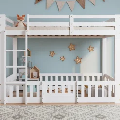 Lit superposé bois pin LVL escalier droit rambarde porte protection anti-chute espace modulable sous lit blanc 90x200cm